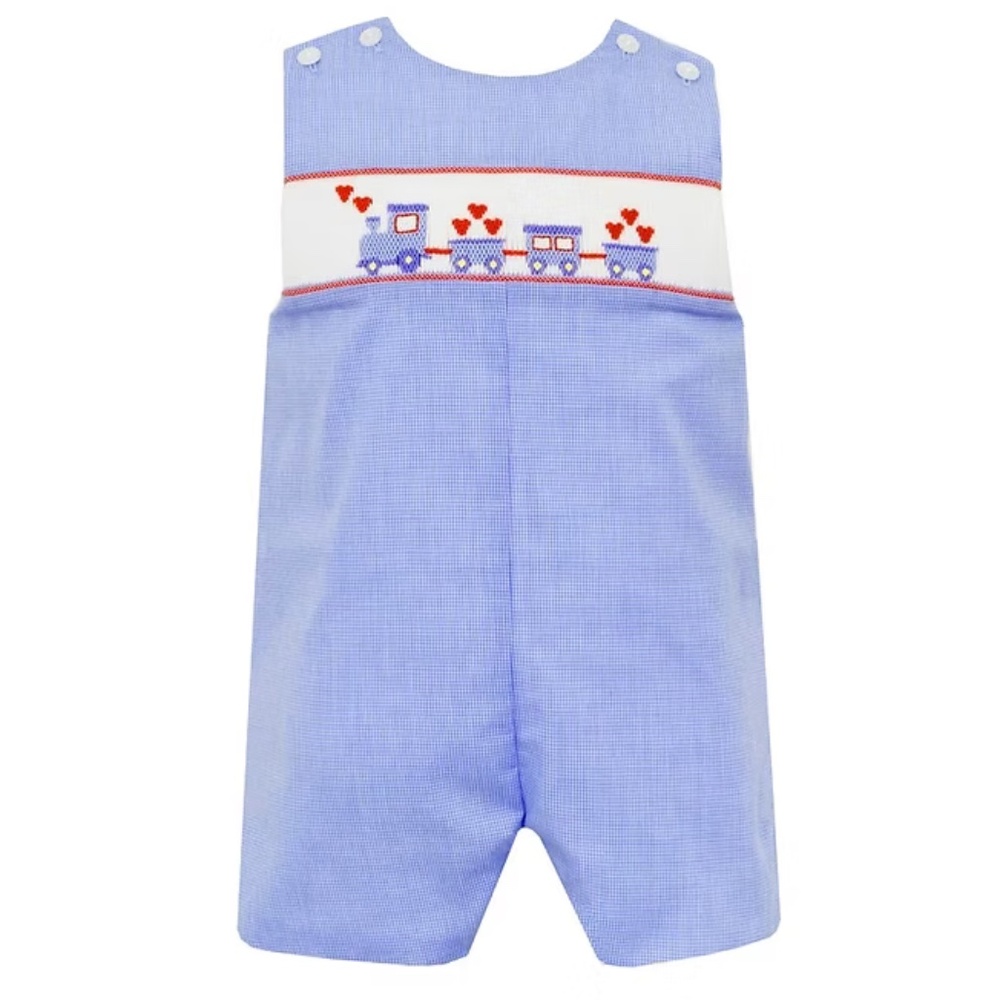 NWT Anavini Boys Blue Gingham Smocked Valentine Hearts Love Train Jon Jon, 12M